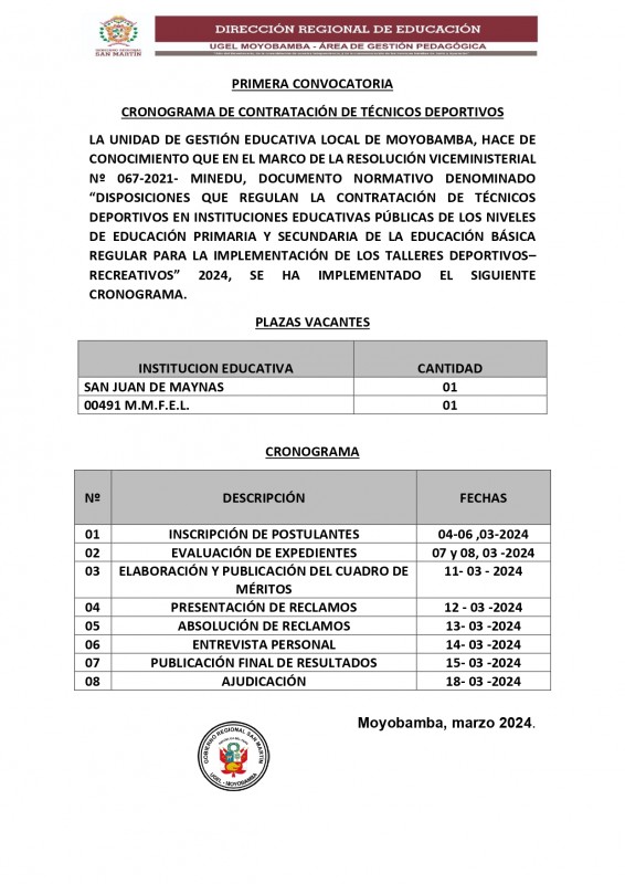 CRONOGRAMA DE CONTRATACI&Oacute;N DE T&Eacute;CNICOS DEPORTIVOS