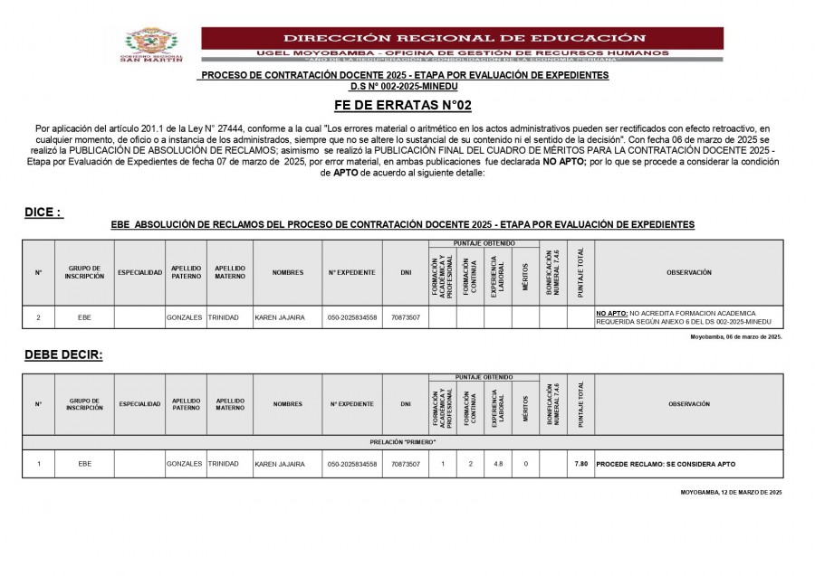 📌PROCESO DE CONTRATACI&Oacute;N DOCENTE 2025 - ETAPA POR EVALUACI&Oacute;N DE EXPEDIENTES  D.S N&deg; 002-2025-MINEDU 📍FE DE ERRATAS N&deg;02
