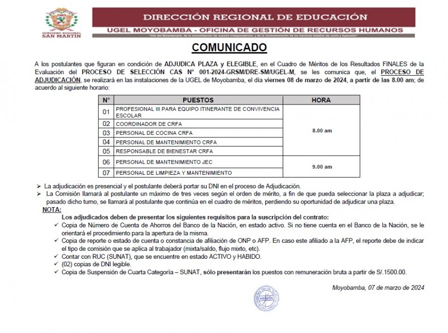 📢📍 📌PROCESO DE SELECCIÓN CAS N° 001-2024-GRSM/DRE-SM/UGEL-M - COMUNICADO DE ADJUDICACION